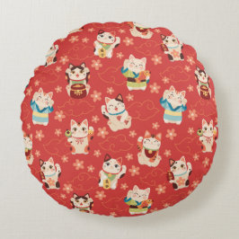 Almofada Redonda Gatos Sortudos Maneki Neko