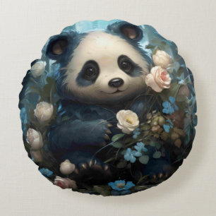 Almofada Redonda Gentil Urso Panda Entre Rosas Selvagens