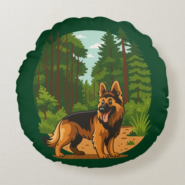 Almofada Redonda German Shepherd Forest Adventure Dog  (Frente)