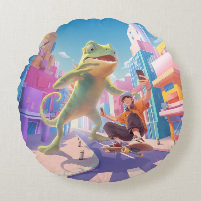 Almofada Redonda Giant Chameleon - Ilustração da Cidade (Frente)