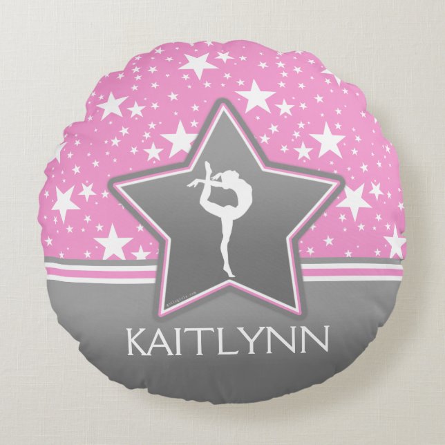 Almofada Redonda Ginástica entre as estrelas no rosa com SEU NOME (Frente)
