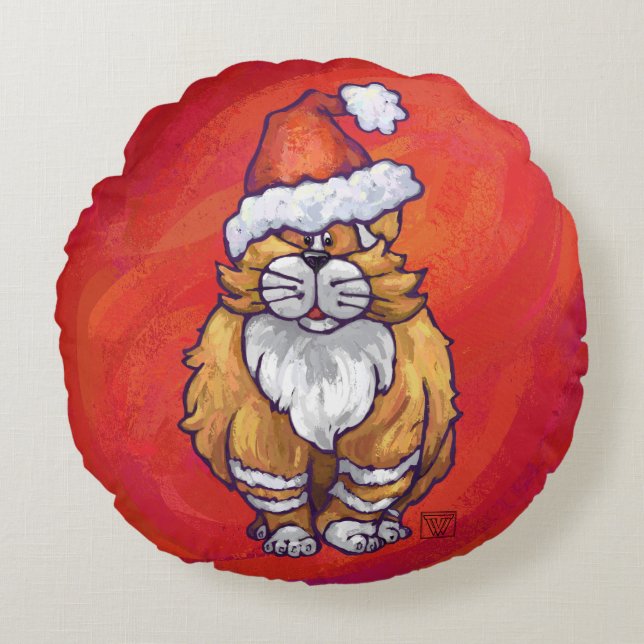 Almofada Redonda Ginger Cat Natal Em Vermelho (Frente)