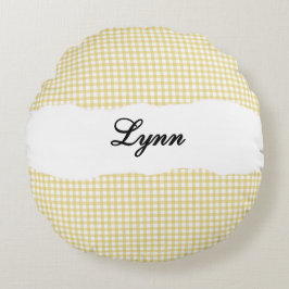 Almofada Redonda Gingham Amarelo Rústico Nome Personalizado