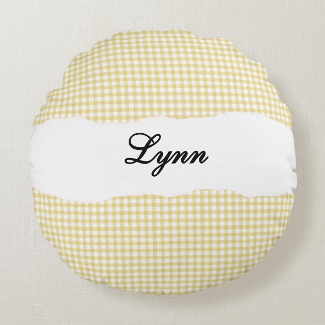 Almofada Redonda Gingham Amarelo Rústico Nome Personalizado (Frente)