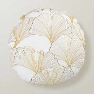 Almofada Redonda Ginkgo Dourado: Esquema de Folha Luxuosa
