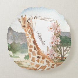 Almofada Redonda Girafa de aquarela em Crianças Savanas Africanas
