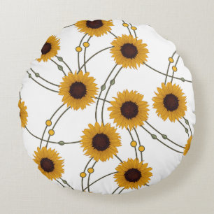 Almofada Redonda Girassóis Amarelos Florais Retro Art Nouveau Aleat