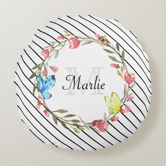 Almofada Redonda Girassol Borboleta Floral Fino Stripes Negras e No (Frente)