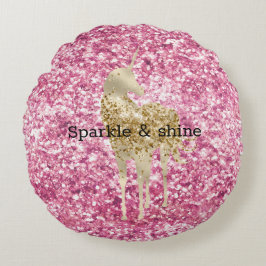 Almofada Redonda Girly Pink Glitter Confetti Dourado Unicórnio