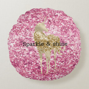 Almofada Redonda Girly Pink Glitter Confetti Dourado Unicórnio