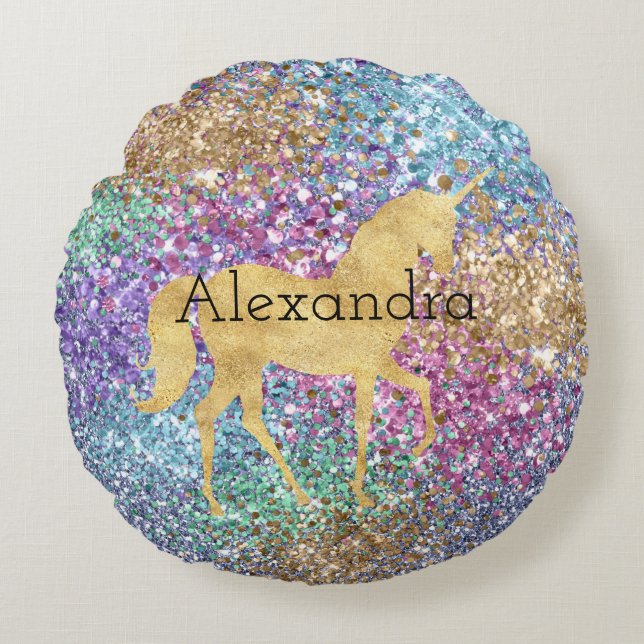 Almofada Redonda Girly Pink Purple Aqua Mint Dourado Unicorn Sparkl (Frente)