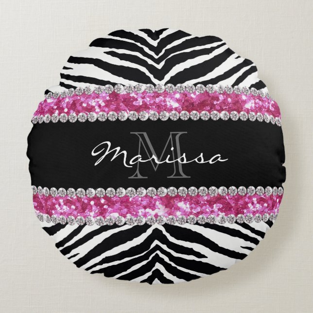 Almofada Redonda Glitter Bling Rhinestone Rapariga Monogramed Faux (Frente)