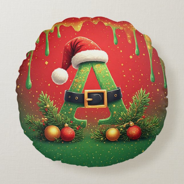 Almofada Redonda Glitter Dourado A Para Natal Familiar (Frente)