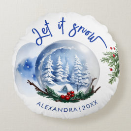 Almofada Redonda Glóbulos De Neve De Inverno Cachorro E Nome Aquare