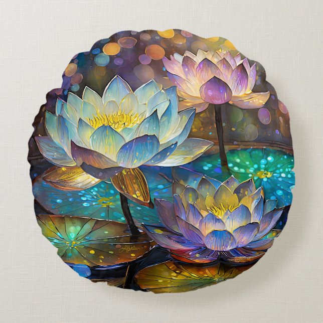 Almofada Redonda Glowing Lotus Flowers Trio (Frente)