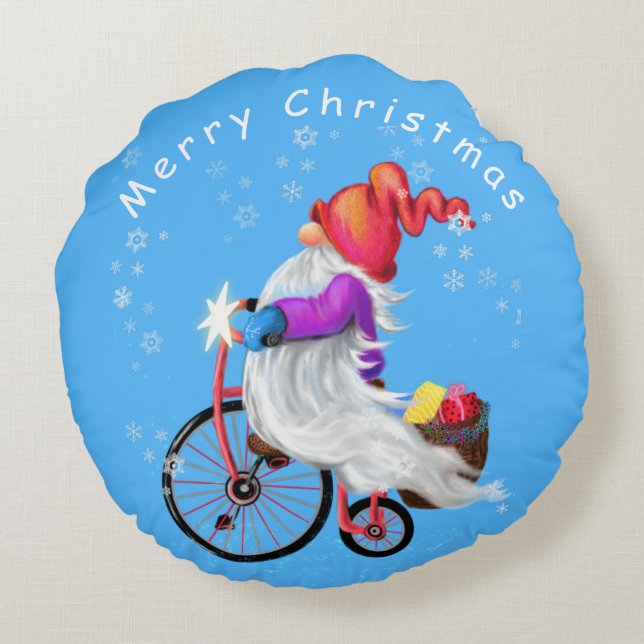 Almofada Redonda Gnomo de Natal com Travesseiro de bicicleta e de p (Verso)