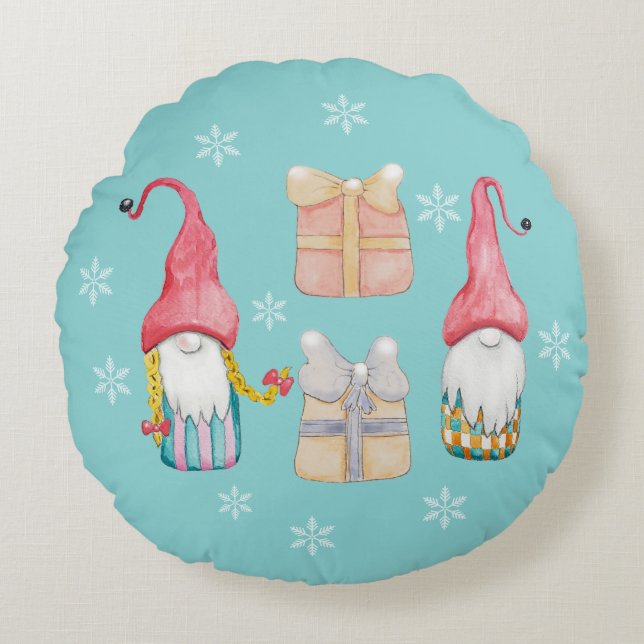 Almofada Redonda Gnomo Gnomo Gelado Azul Pintado Mão (Frente)