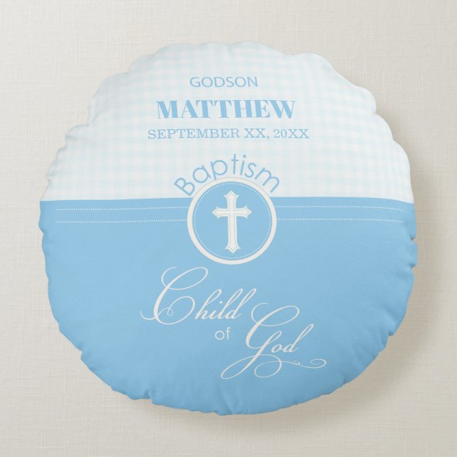 Almofada Redonda Godson Baptism Blue Child of Deus Personalizado (Frente)