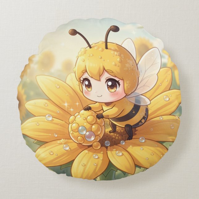 Almofada Redonda Golden Bumblebee in Bloom Dance.1 (Frente)