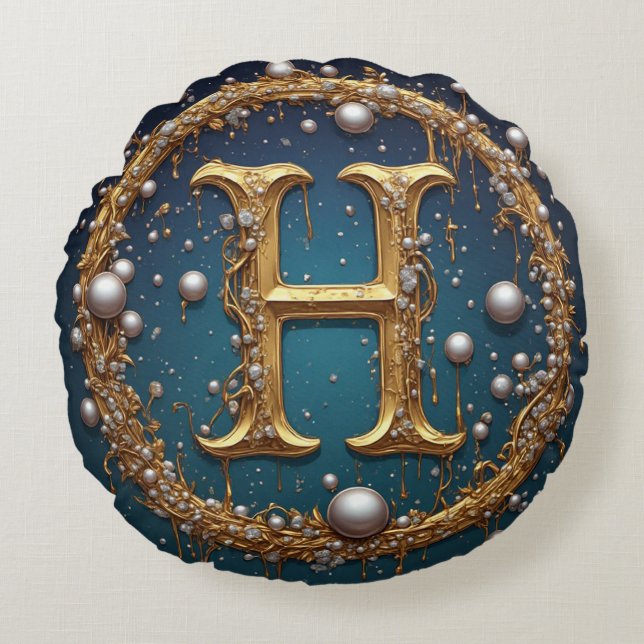 Almofada Redonda Golden Monogram Initial Letter H (Frente)