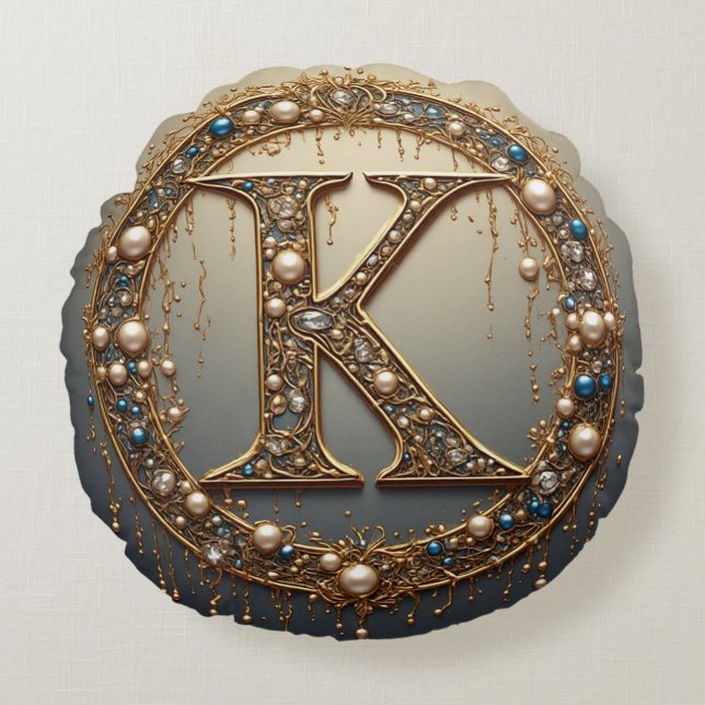 Almofada Redonda Golden Monogram Initial Letter K (Frente)