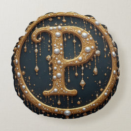 Almofada Redonda Golden Monogram Initial Letter P