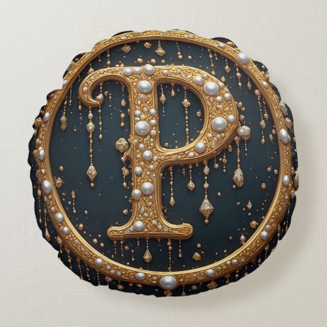 Almofada Redonda Golden Monogram Initial Letter P (Frente)