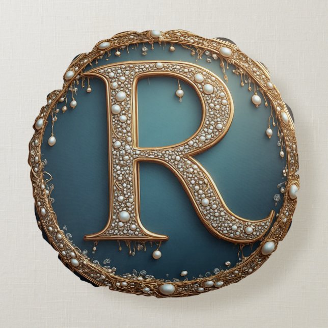 Almofada Redonda Golden Monogram Initial Letter R (Frente)