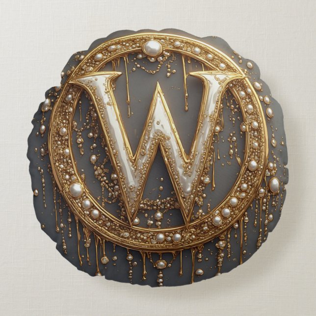 Almofada Redonda Golden Monogram Initial Letter W (Frente)