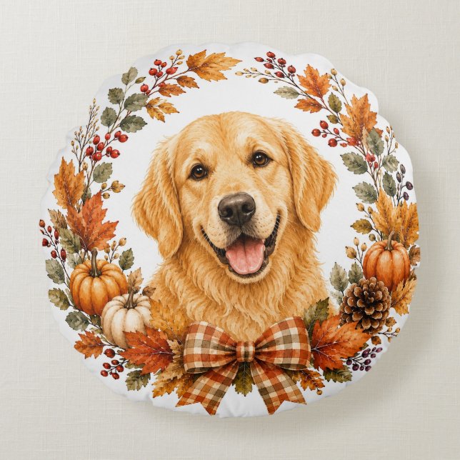 Almofada Redonda Golden Retriever Outono (Frente)