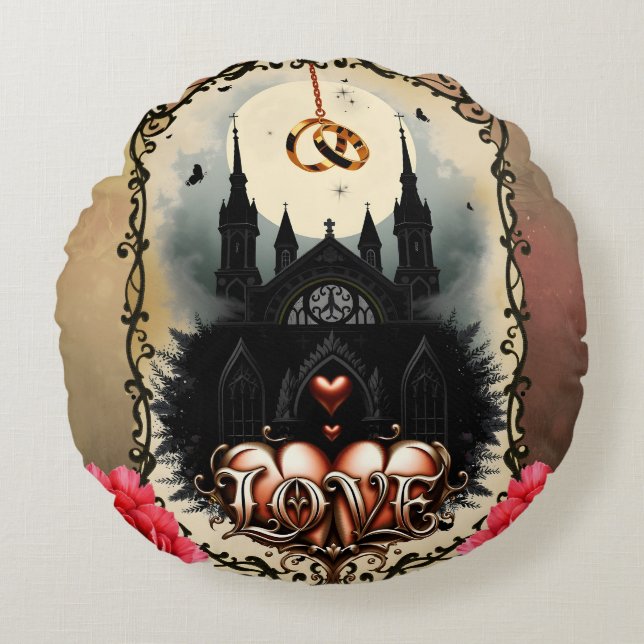 Almofada Redonda Gothic Moon –Eternal Love Beneath the Midnight Sky (Frente)