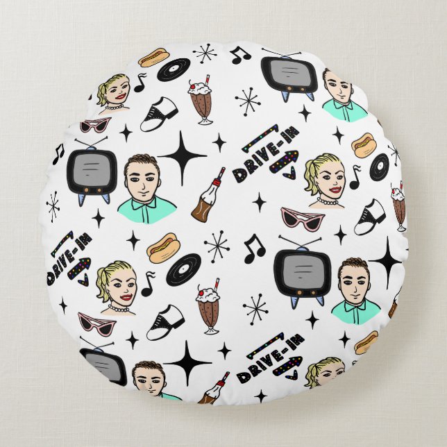 Almofada Redonda Gráficos retrorreflectores da década de 1950 (Frente)