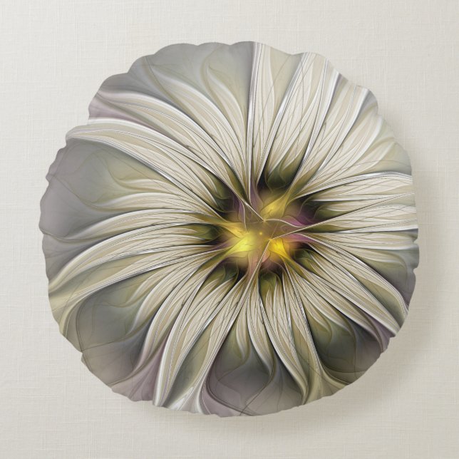 Almofada Redonda Grande Flor de Marfim, Abstrato Moderna Arte Fract (Frente)