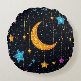 Almofada Redonda Grande lua crescente e numerosas estrelas