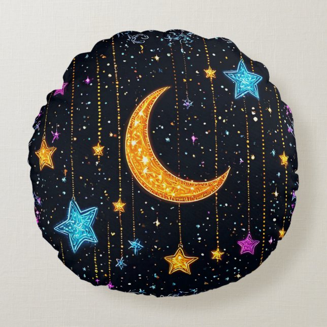 Almofada Redonda Grande lua crescente e numerosas estrelas (Frente)