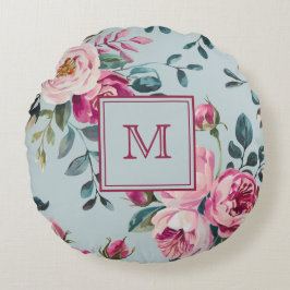 Almofada Redonda Grandmillennial Rosa Desbotada Floral Monograma Pe