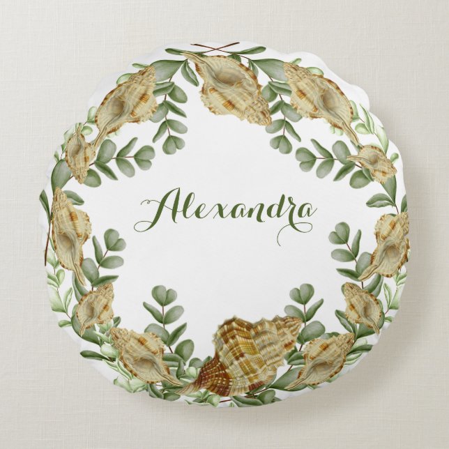 Almofada Redonda Greenery Seashell Náutico náutica Cascas Costeiras (Frente)