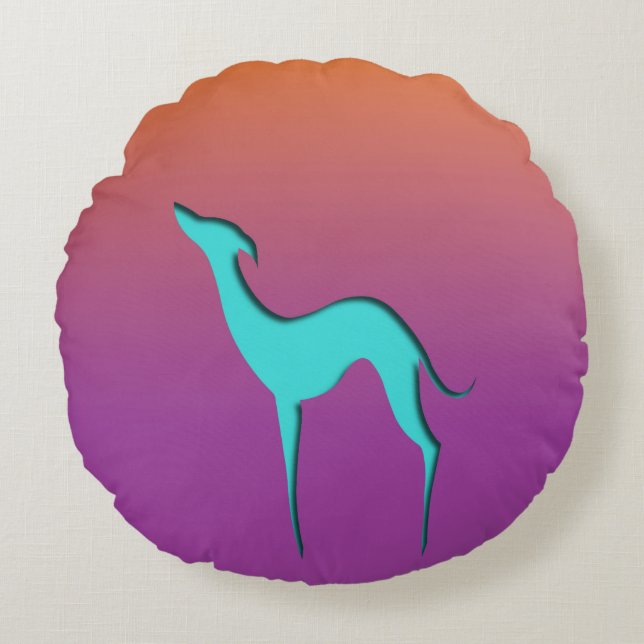 Almofada Redonda Greyhound Whippet dog azul laranja abdome (Frente)