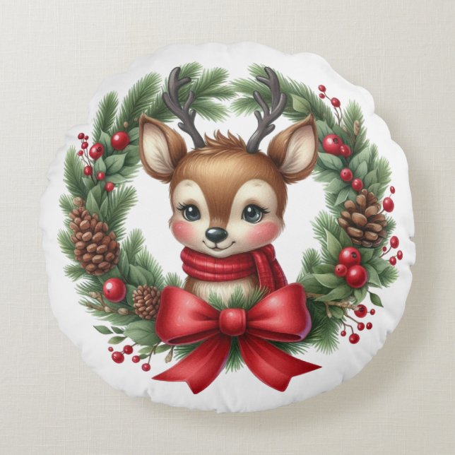 Almofada Redonda Grinalda de Natal com Rena Bebê Fofa (Frente)