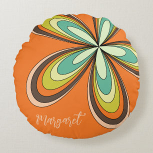 Almofada Redonda Groovy 70s Hippie Flor Laranja Retro Nome Daisy