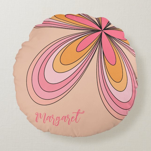 Almofada Redonda Groovy 70s Hippie Flower Peach Fuzz Daisy Name (Frente)