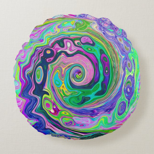 Almofada Redonda Groovy Abstrato Aqua e Marinho Lava Swirl (Frente)