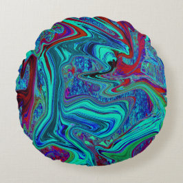 Almofada Redonda Groovy Abstrato Retro Art em Azul e Vermelho
