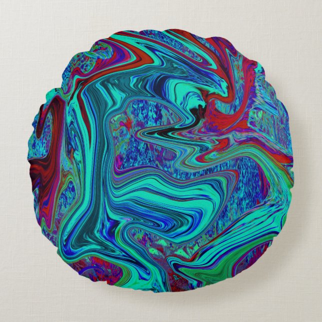 Almofada Redonda Groovy Abstrato Retro Art em Azul e Vermelho (Frente)