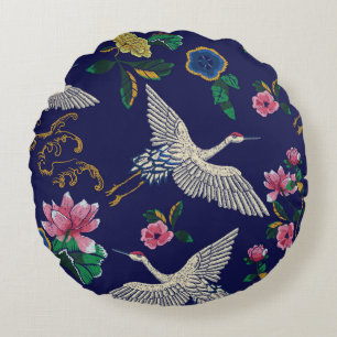 Almofada Redonda Gruas, ondas e flores japonesas. Embroiderme doent