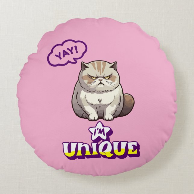 Almofada Redonda Grumpy Cat "YAY! I'm Unique" Funny  (Frente)