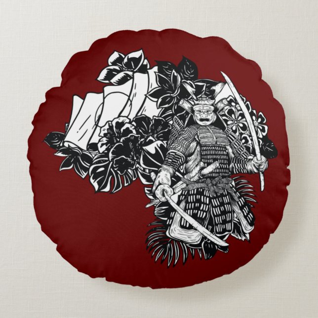 Almofada Redonda Guerreiro Samurai Lendário com Design de Katana (Frente)