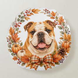 Almofada Redonda Guirlanda de Outono do Bulldog Inglês