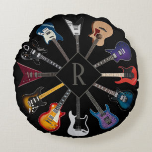 Almofada Redonda Guitarra Elétrica Personalizada Círculo Preto
