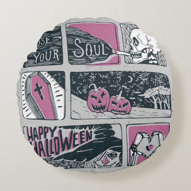 Almofada Redonda Halloween dos quadrinhos: Ilustração divertida (Frente)